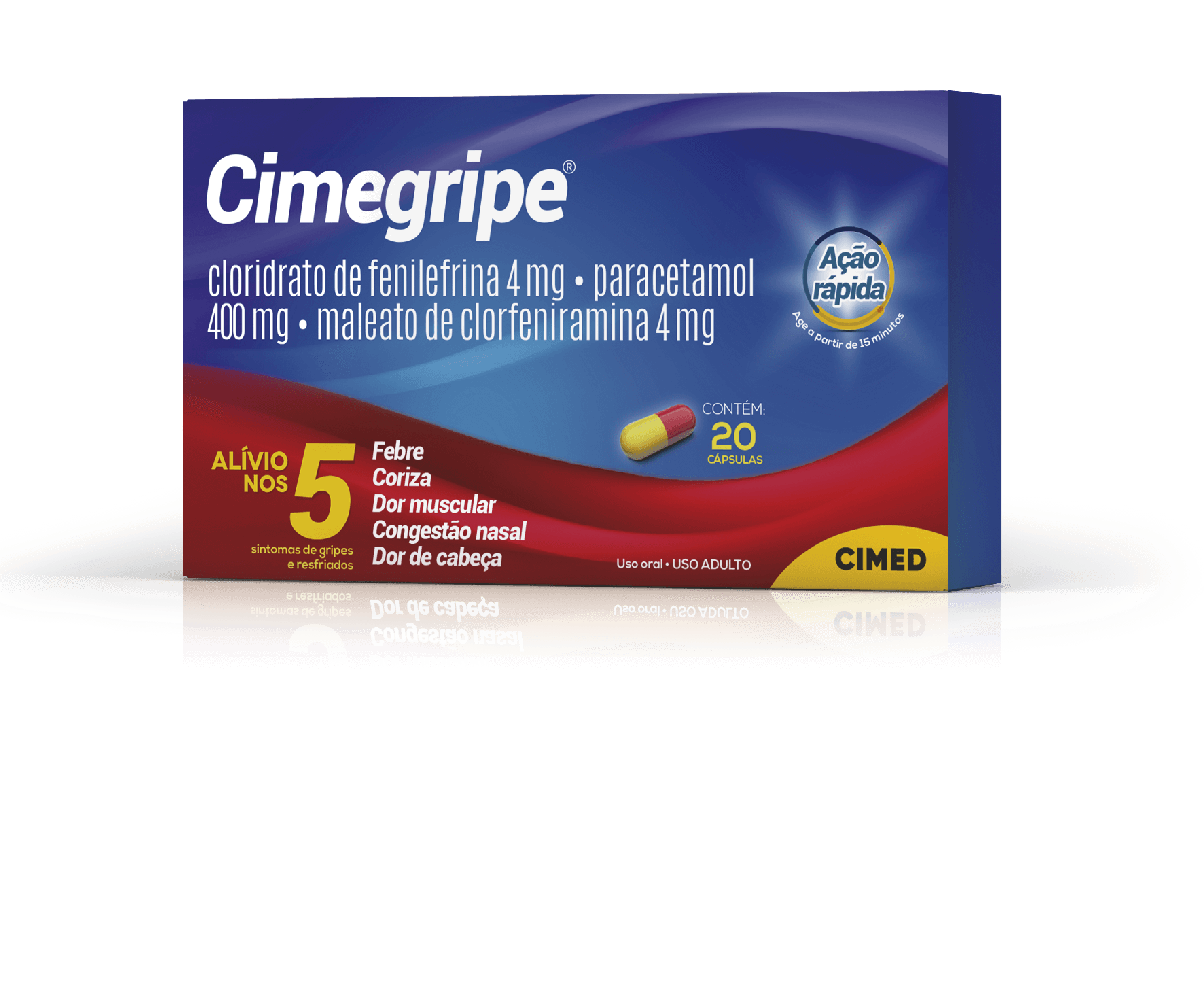 Imagem da embalagem do Cimegripe 20 cápsulas.