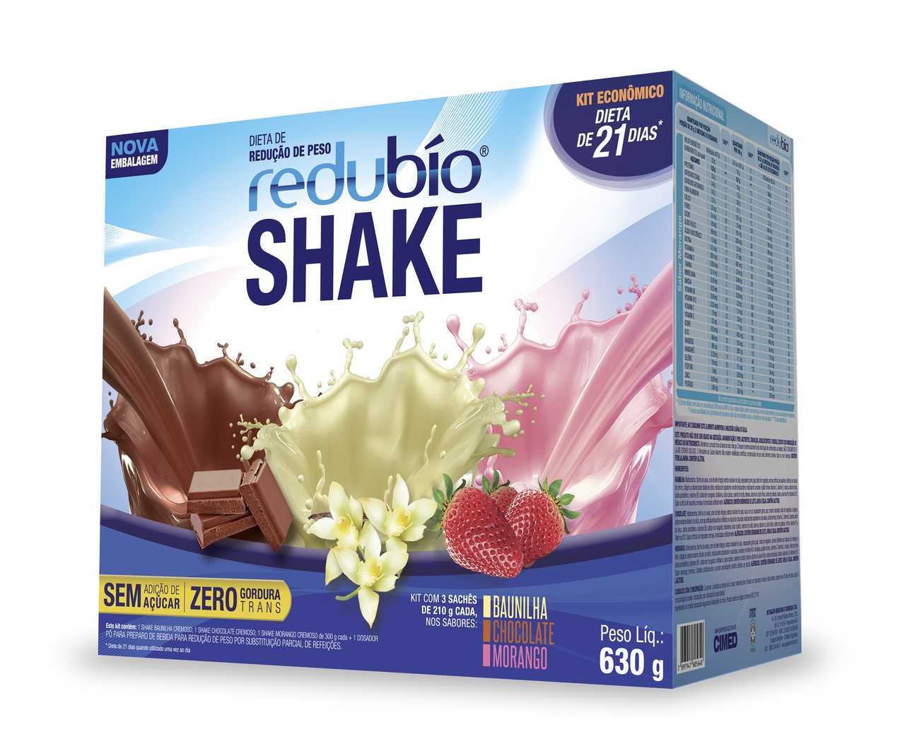 Imagem da Embalagem de Kit Redubío Shake Chocolate, Baunilha e Morango